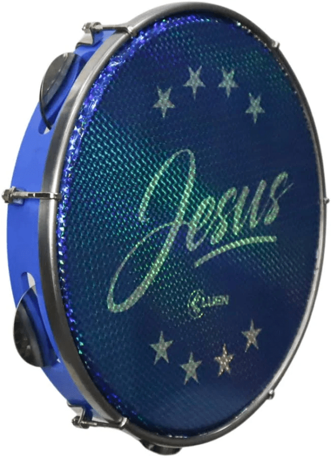 Pandeiro 10 Pele Holografica Jesus Cor Azul 