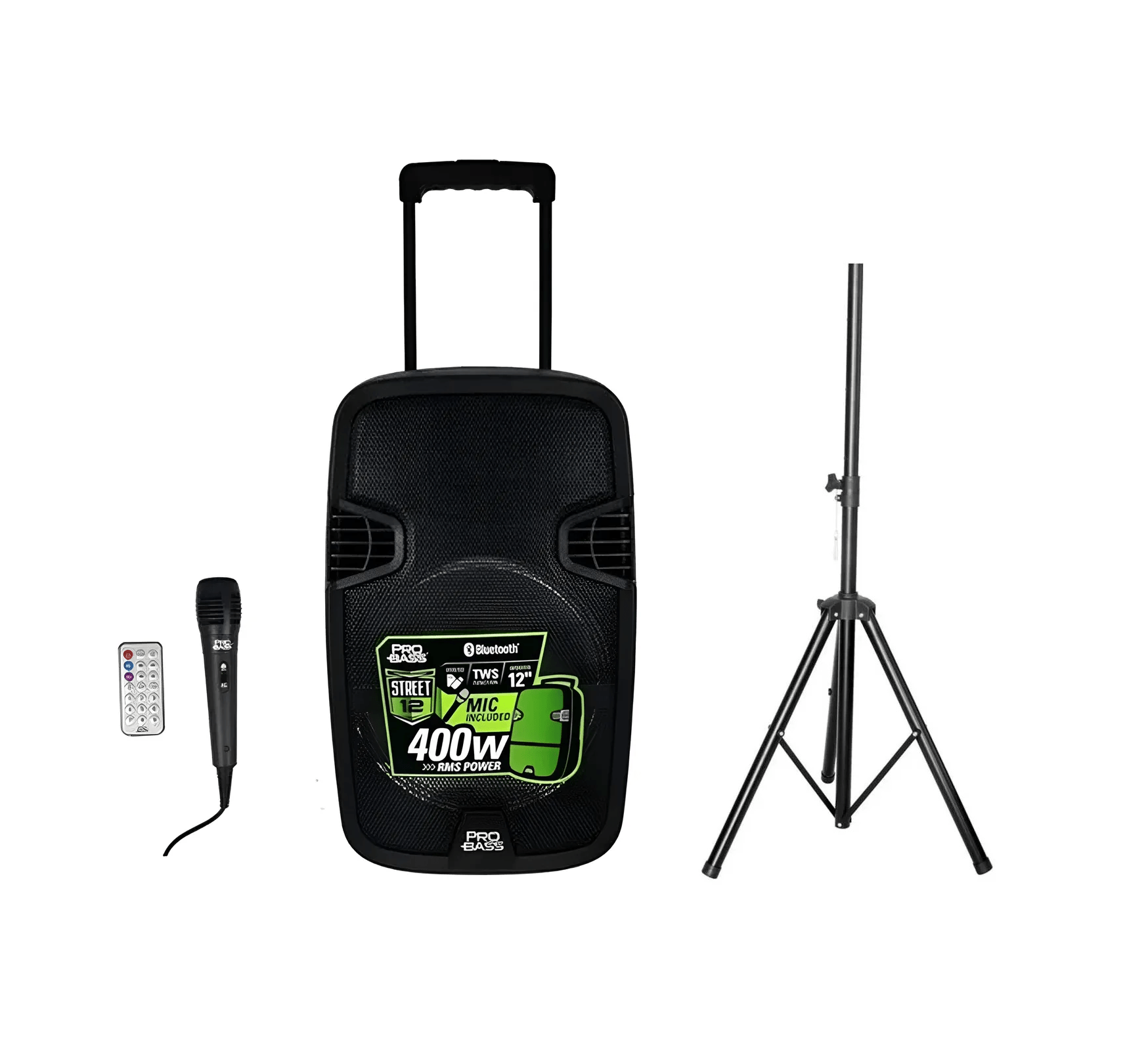Kit Caixa Ativa Pro Bass Street 12 Bluetooth 400w + Microfone Preto + Tripé p/ caixa de som