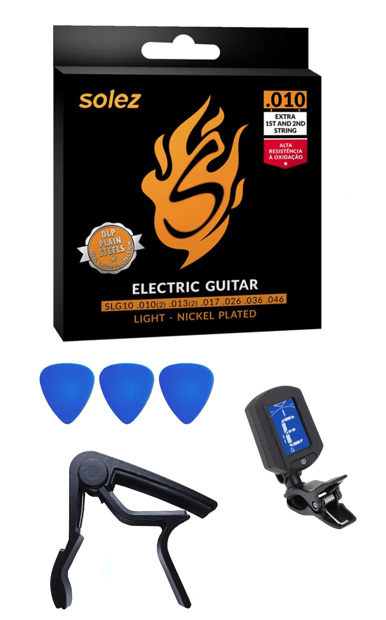 Kit Encordoamento Solez Guitarra 010 Afinador Capotraste