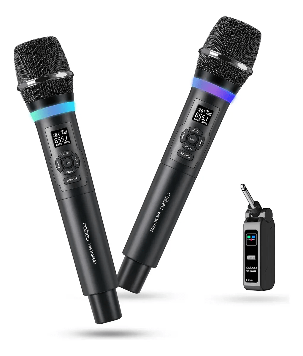 Microfone sem fio duplo recarregavel Coibeu com ajustes no microfone