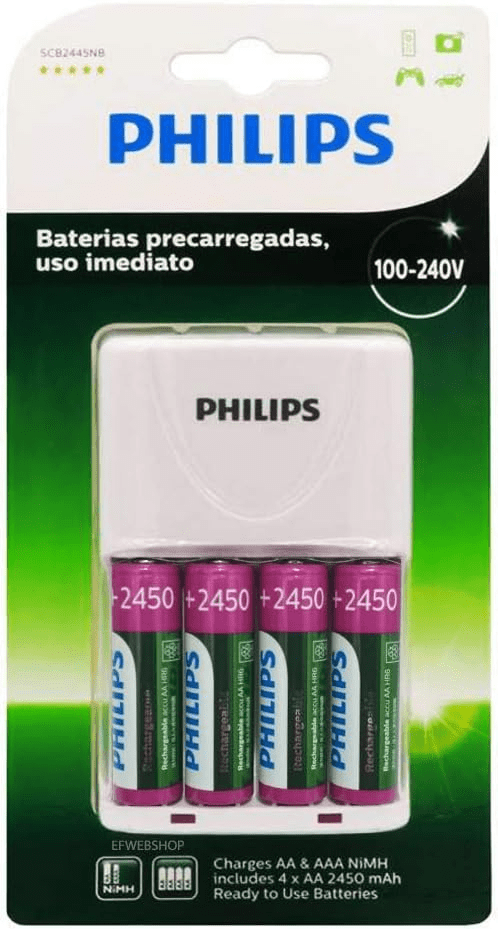 Carregador de Pilhas Philips com 4 Pilhas Aa Recarregáveis 2450mAh